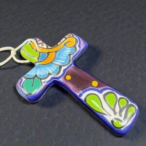 Vintage Hand Made Talavera Pottery Mexican Redware Stoneware Cross Wall Ornament